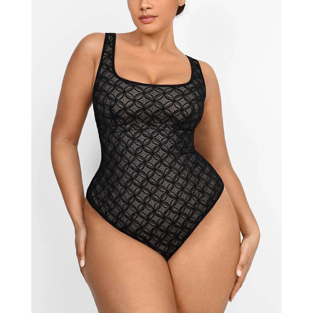 Shapellx Size XXL Black Lace Glamour Geometric Sculpting Bodysuit Shapewear